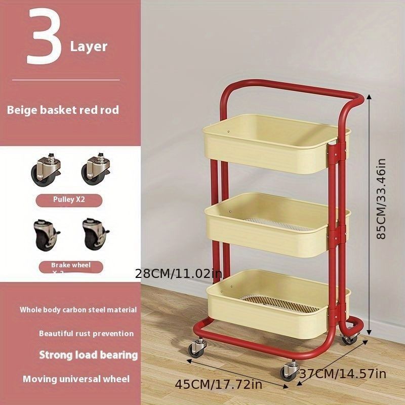 ローリングカート 3段 金属製 ローリング収納カート ハンドル付き オーガナイザー ホイール-フック付き バスルーム キッチン ランドリー オフィス用 レッド スナックや雑貨の収納に便利 寝室 リビングルーム
