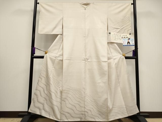 平和屋着物 上 赤城紬 自然原手織 草木染工房 訪問着 流水文 薄卵色地 証紙付き CYAA3036s5