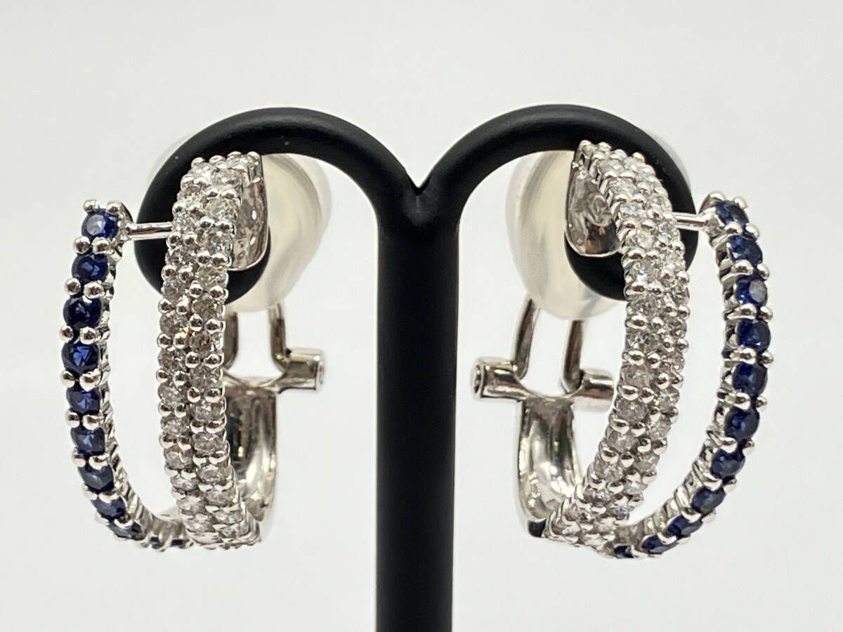 鑑別書付き 天然ブルーサファイア0.25ct×2 天然ダイアモンド0.27ct×2 K18WG 4.7g