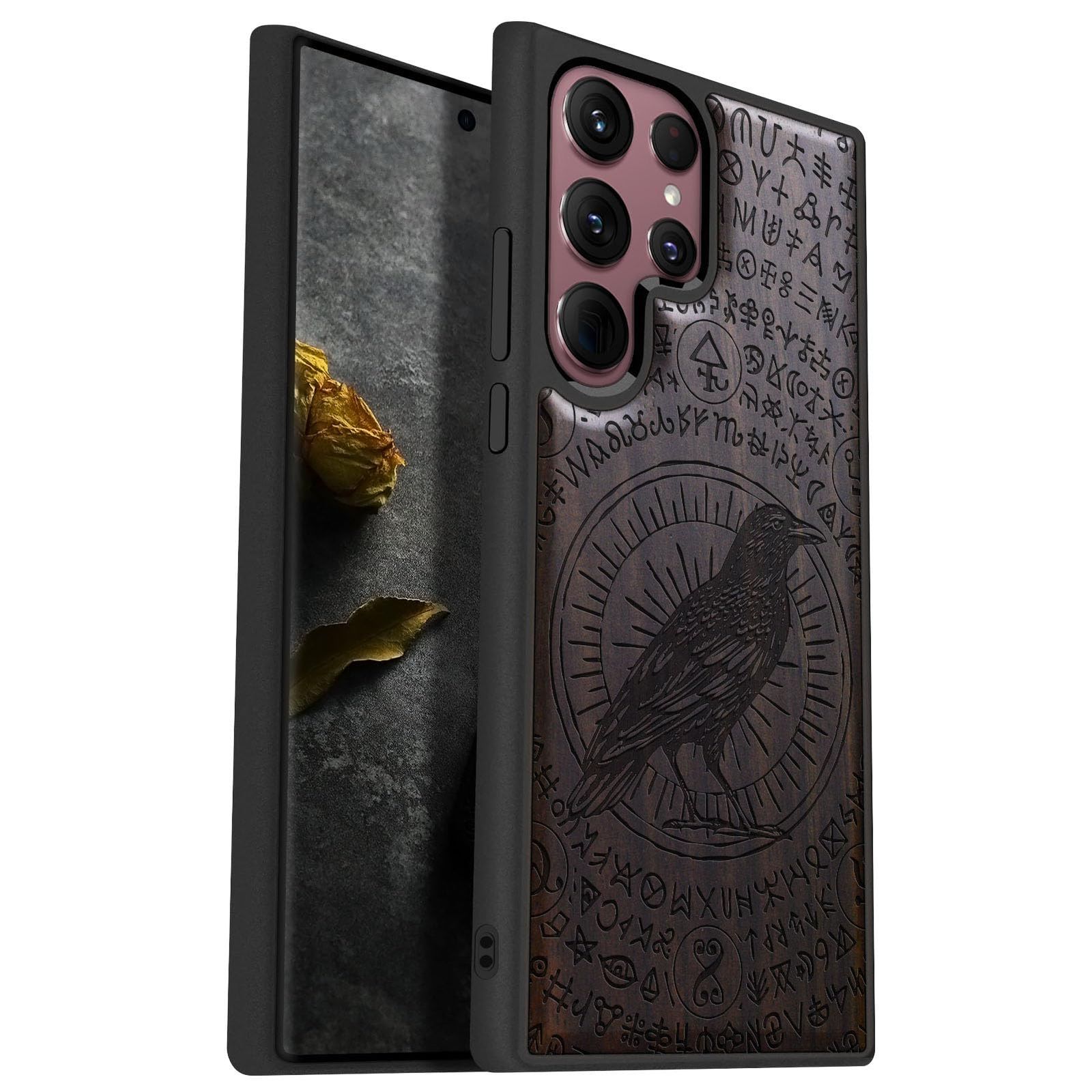 Carveit ウッドケース Galaxy S22 Ultraケース 2022年用 [天然木u0026ブラックソフトTPU] 耐衝撃保護カバー ユニークな木製ケース Samsung S22 Ultra対応 (ウィッチクラフト レイブン-ブラックウッド)
