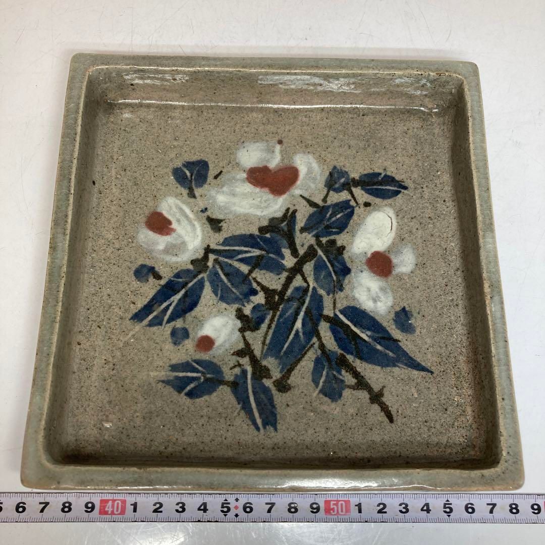 益子焼 人気作家 福原達朗 草花文 角皿 共箱 タエチ 東さ5-0517