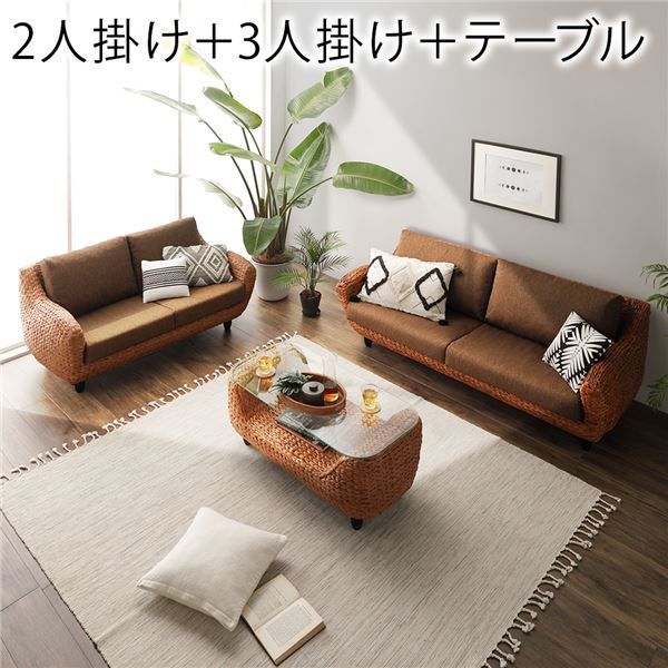 〔開梱組立設置サービス付き〕 インテリア家具 3点セット 2人掛けソファ ＋ 3人掛けソファ ＋ ローテーブル ブラウン 木製 脚付き 足付き センターテーブル付き アジアン調 天然木 ウォーターヒヤシンス リビング家具 生活家具
