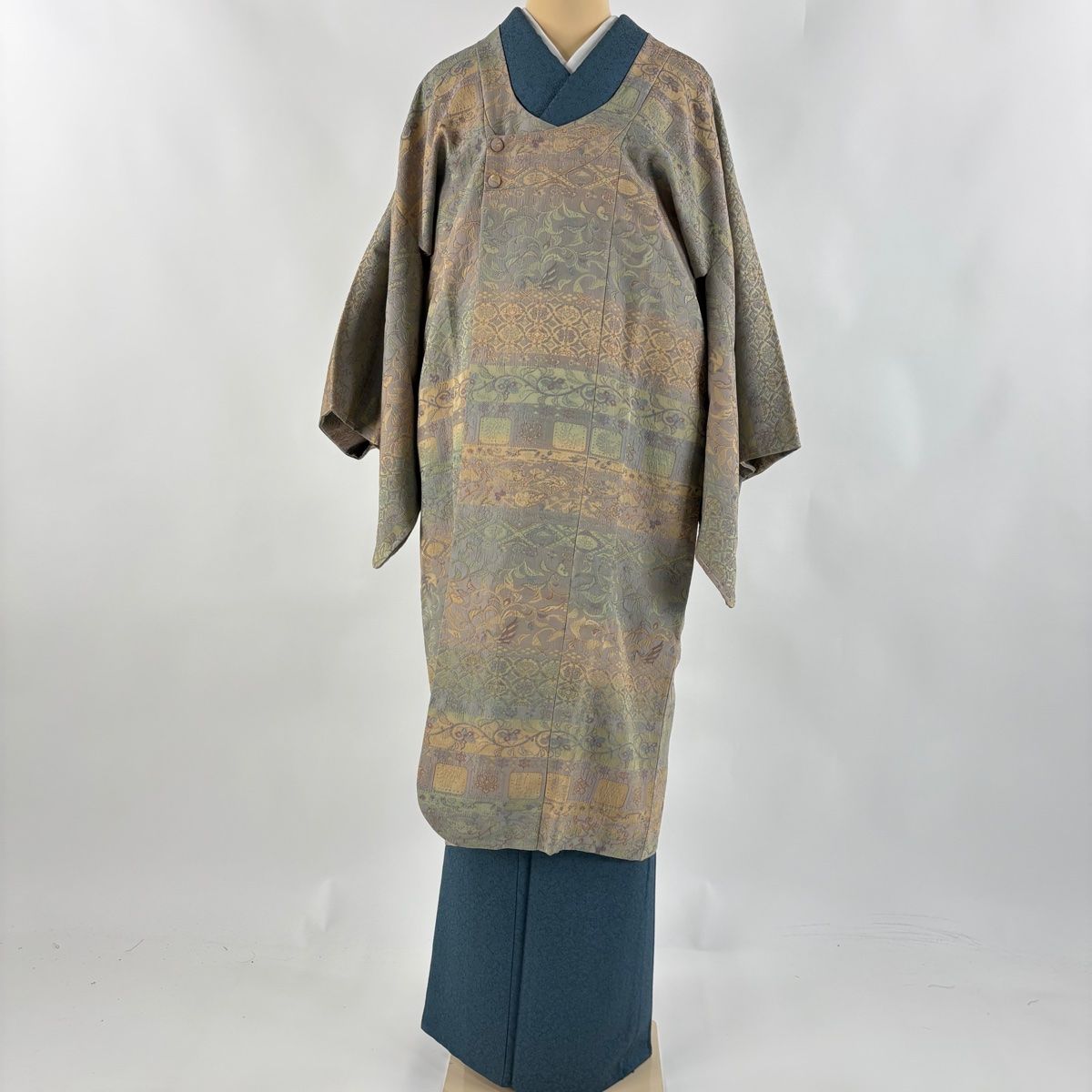 道行 身丈110cm 裄丈66cm M 和装コート 千代田衿 花唐草 段縞 灰色 正絹 名品