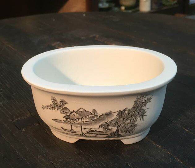 文山 3.5号4点セット 梨地山水 さつき鉢 箱入 和風 植木鉢 ミニ 盆栽