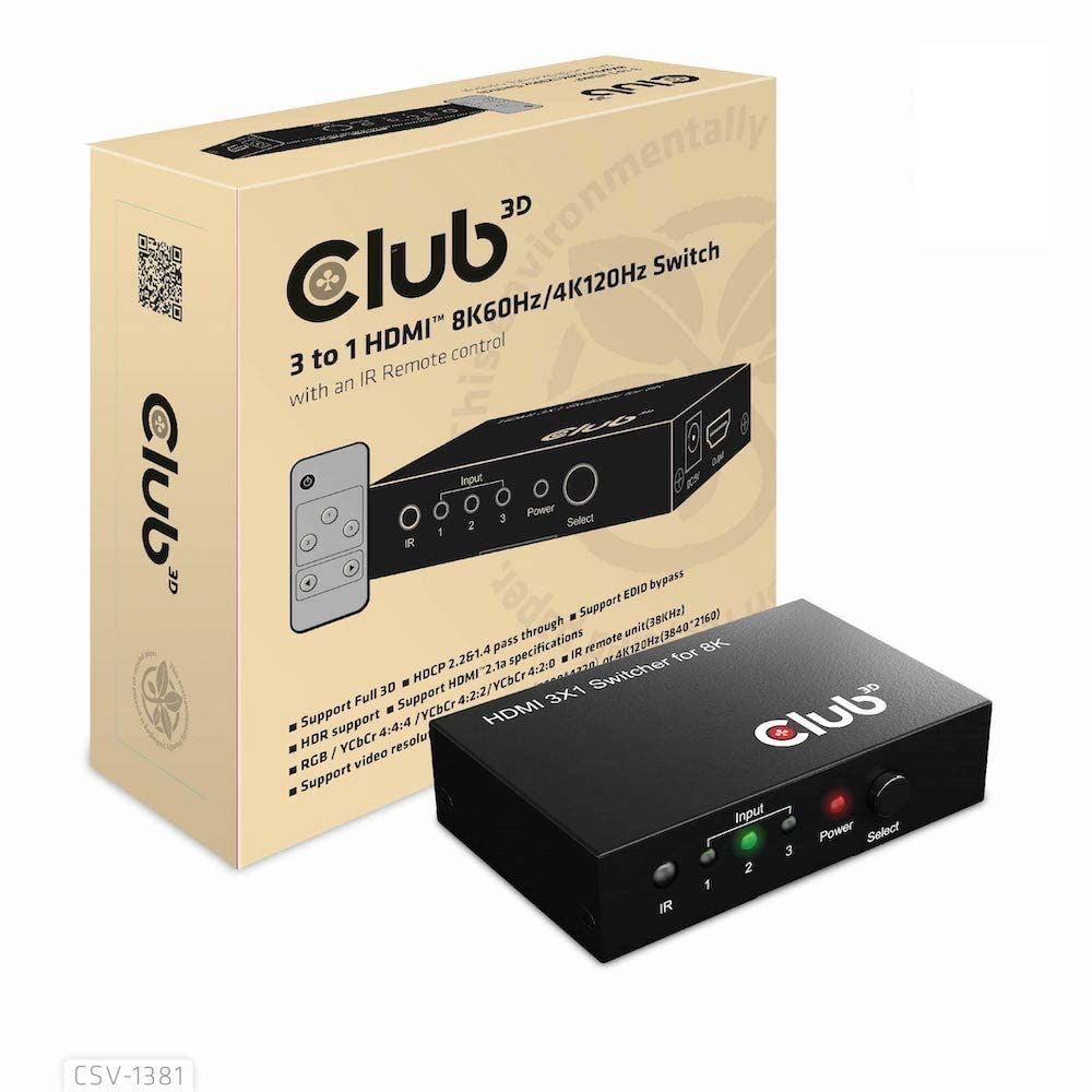 Club3D HDMI 8K60Hz | 4K120Hz 3入力1出力 切替器 スイッチボックス Switch Box リモコン付き CSV-1381