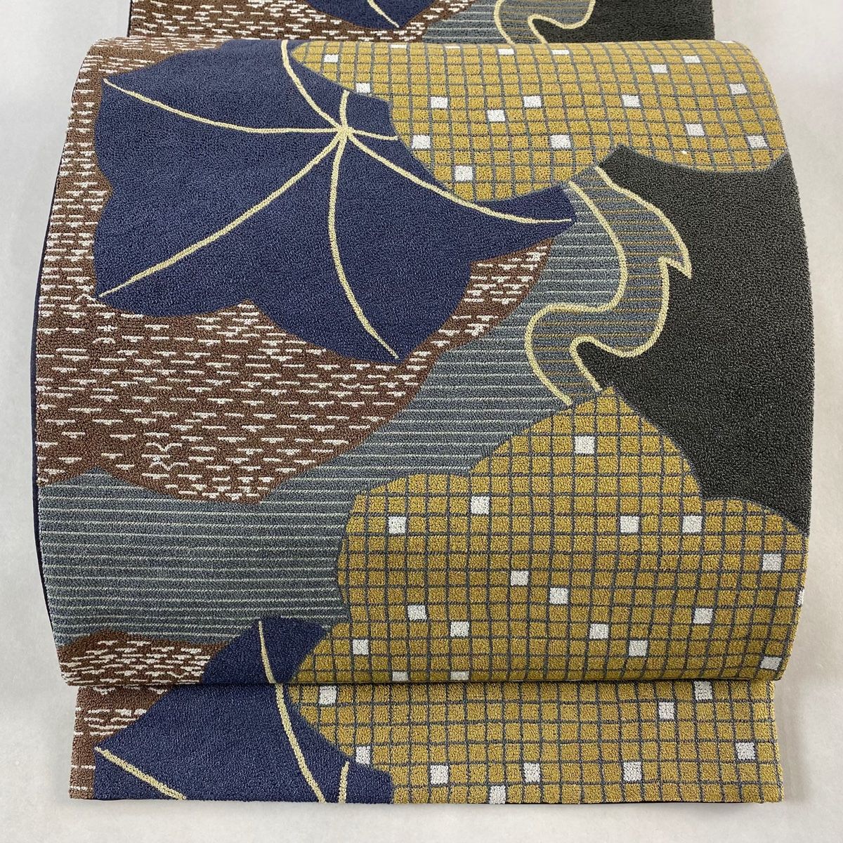 袋帯 葉柄 格子 相良刺繍 青灰色 六通 正絹
