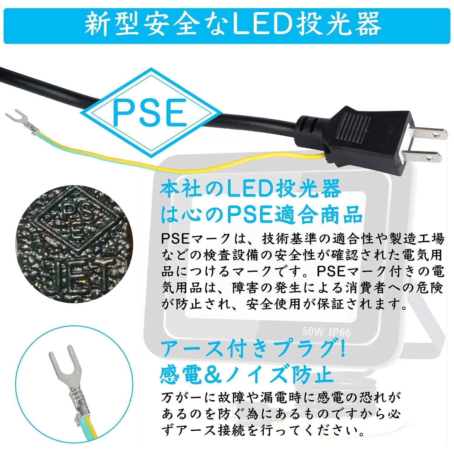 屋外照明 アース付きプラグ 2Mコード IP66防水 とうこうき LEDチップ 昼光色 50W 2個セット 850W相当 PSE認証済 作業灯 屋外 LED投光器
