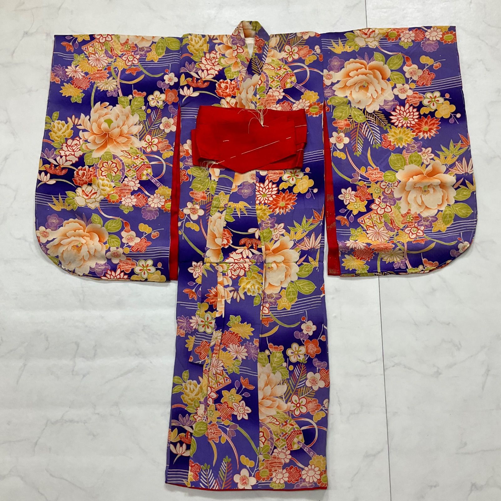 kimono+one 美品 3歳くらい用 アンティーク子供着物 錦紗縮緬 女の子 七五三 裄45肩丈94 七五三お詣り女の子着物こどものひお正月卒業式十三詣り G90