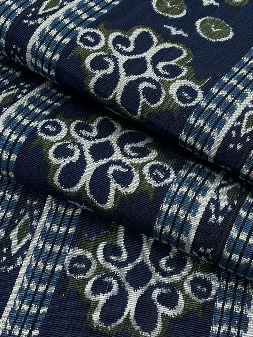 多用途 イカット インドネシア 八寸名古屋帯 松葉仕立て 藍 絣 正絹 【最短翌日配送】