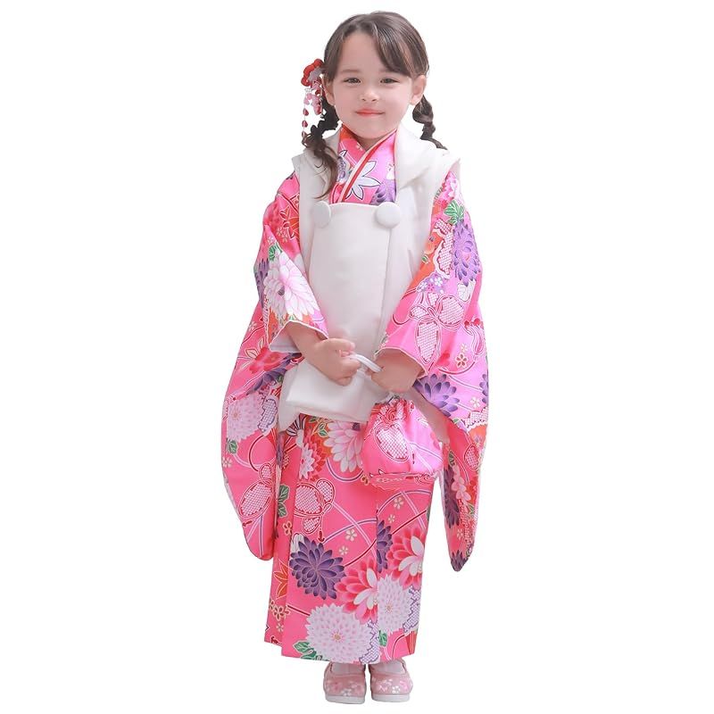 KYOETSU キョウエツ 自宅で簡単着付け 七五三 3歳 女の子 着物 セパレート 二部式 セット 被布 小物 フルセット 753 4点セット 5.夢見桃紫花 90-100cm