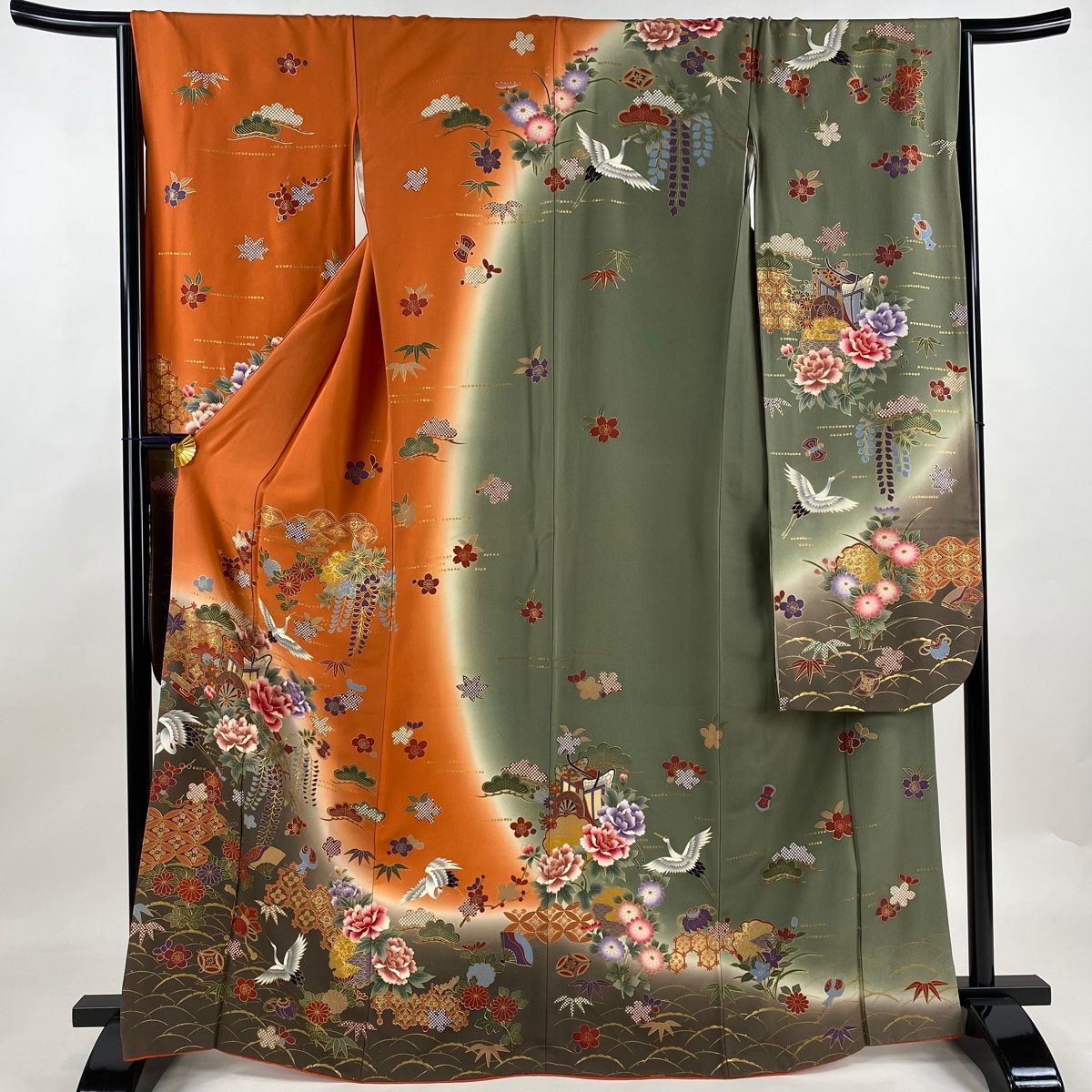 振袖 身丈167cm 裄丈65.5cm M 袷 御所車 松竹梅 金彩 染め分け オレンジ 正絹 秀品