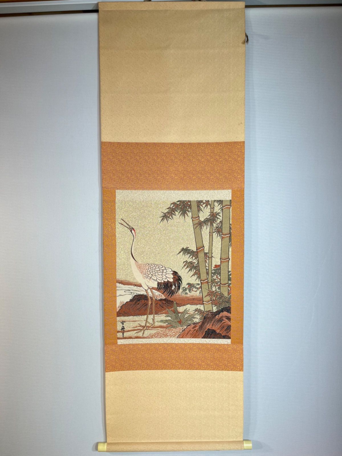 掛軸 良い 風景 竹に鶴 金富士】竹簾画名人 重慶画家楊済