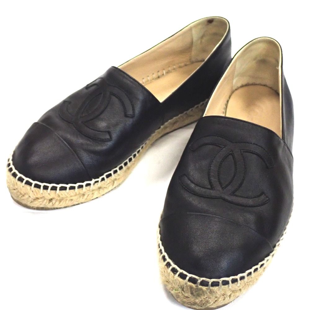 Th991496 シャネル エスパドリーユ G29762 ブラック×ベージュ系 ココマーック サイズ 38C スリッポン 靴 CHANEL