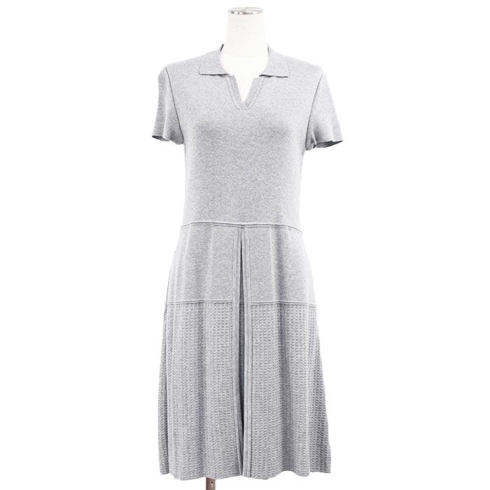 FOXEY NEW YORK フォクシー ニューヨーク ニットワンピース COLLECTION コレクション ワッフル編み切替 スキッパーカラー フ シルエット センタープリーツ ショートスリーブ 半袖 レディース 38 グレー 日本製 37442