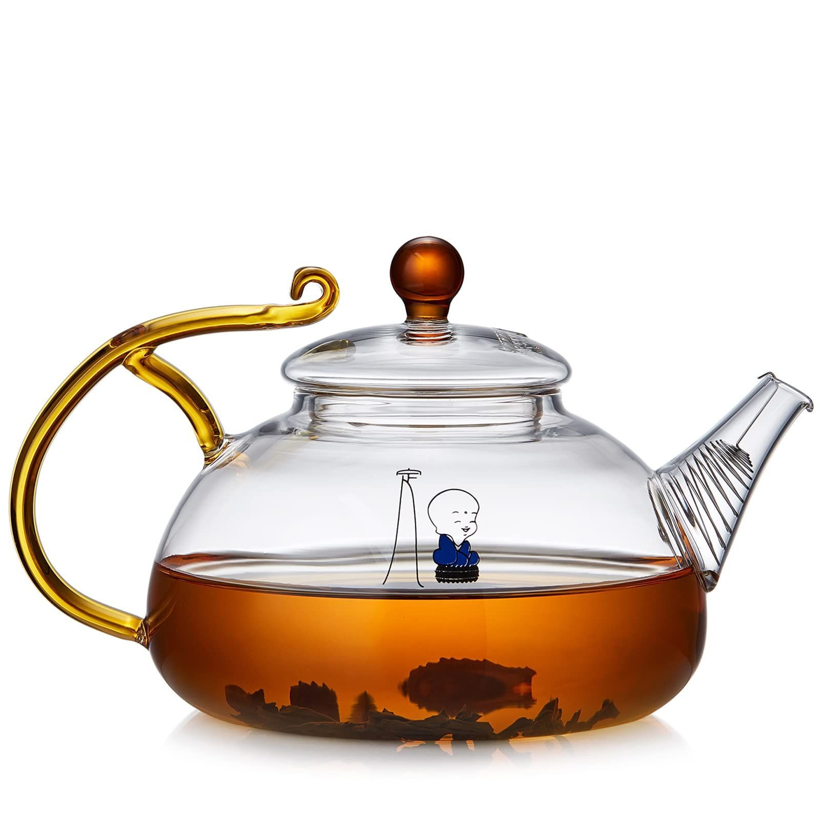【人気商品】リーフティー フルーツティー 緑茶 茶こし付き 紅茶 茶壺 丸型 お坊さん 直火対応 禅 ガラス製ポット 割れにくい 透明 720ML 耐熱ガラス ティーポット ガラス急須 ポカロティー