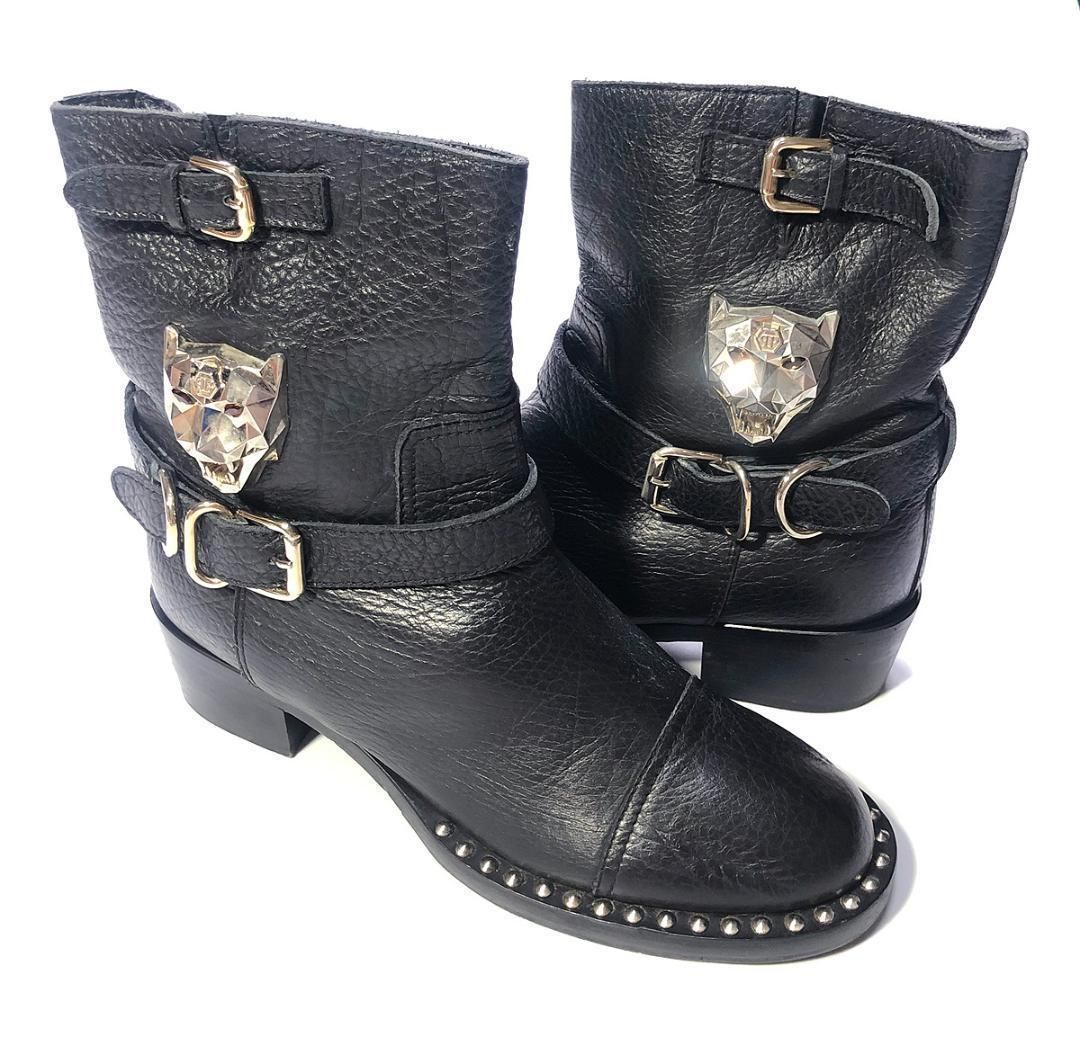 イタリア製| | Philipp Plein フィリッププレイン|エンボスレザー ラウンドトュ メタルパンサー ラインストーン|スタッズ ショートブーツ