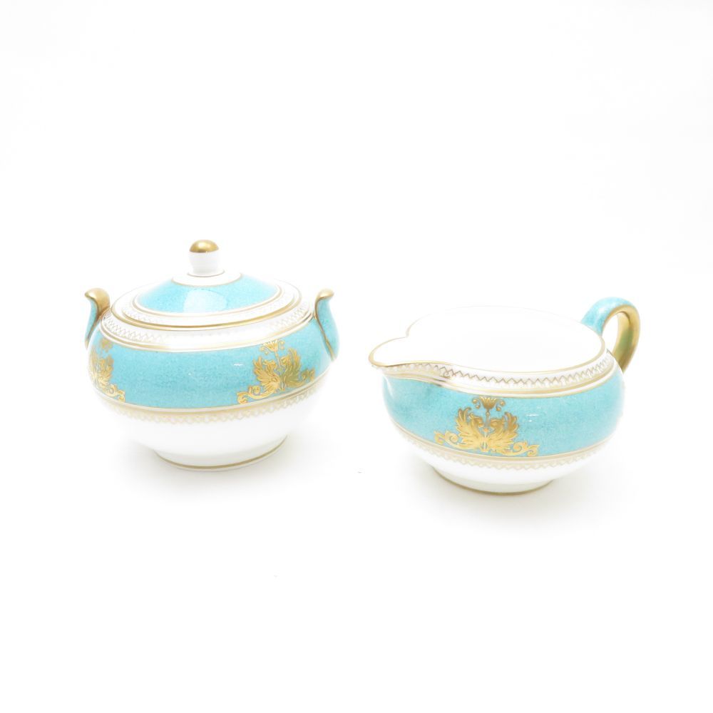WEDGWOOD ウェッジウッド コロンビア パウダー ターコイズ クリーマー シュガーポット 2点 セット ミルク クリーム 砂糖 金彩 黒壺 英 SU12369J1