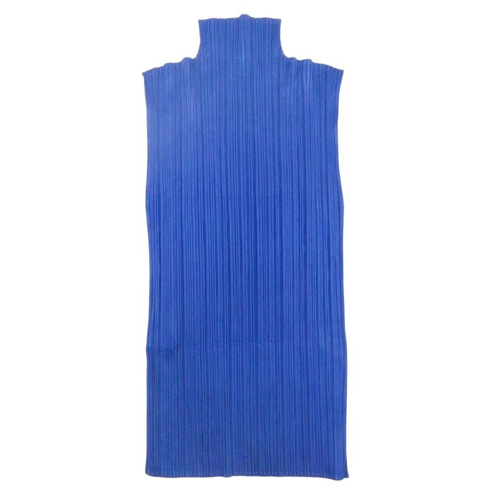 94 ss ISSEY MIYAKE イッセイミヤケ プリーツ ノースリーブシャツ ブラウス ハイネック L 青 ブルー レディース 古着