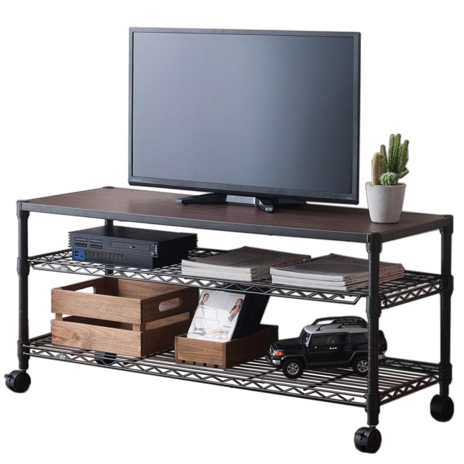 数量 奥行40 幅110 キャスター付き ウッドシェルフ付き 3段 耐荷重80kg テレビラック テレビ台 ローボード 黒 ノワール ブラック スチールラック ルミナス 収納棚 ポール径25mm ドウシシャ 幅111×奥行41×高さ52cm NO1152