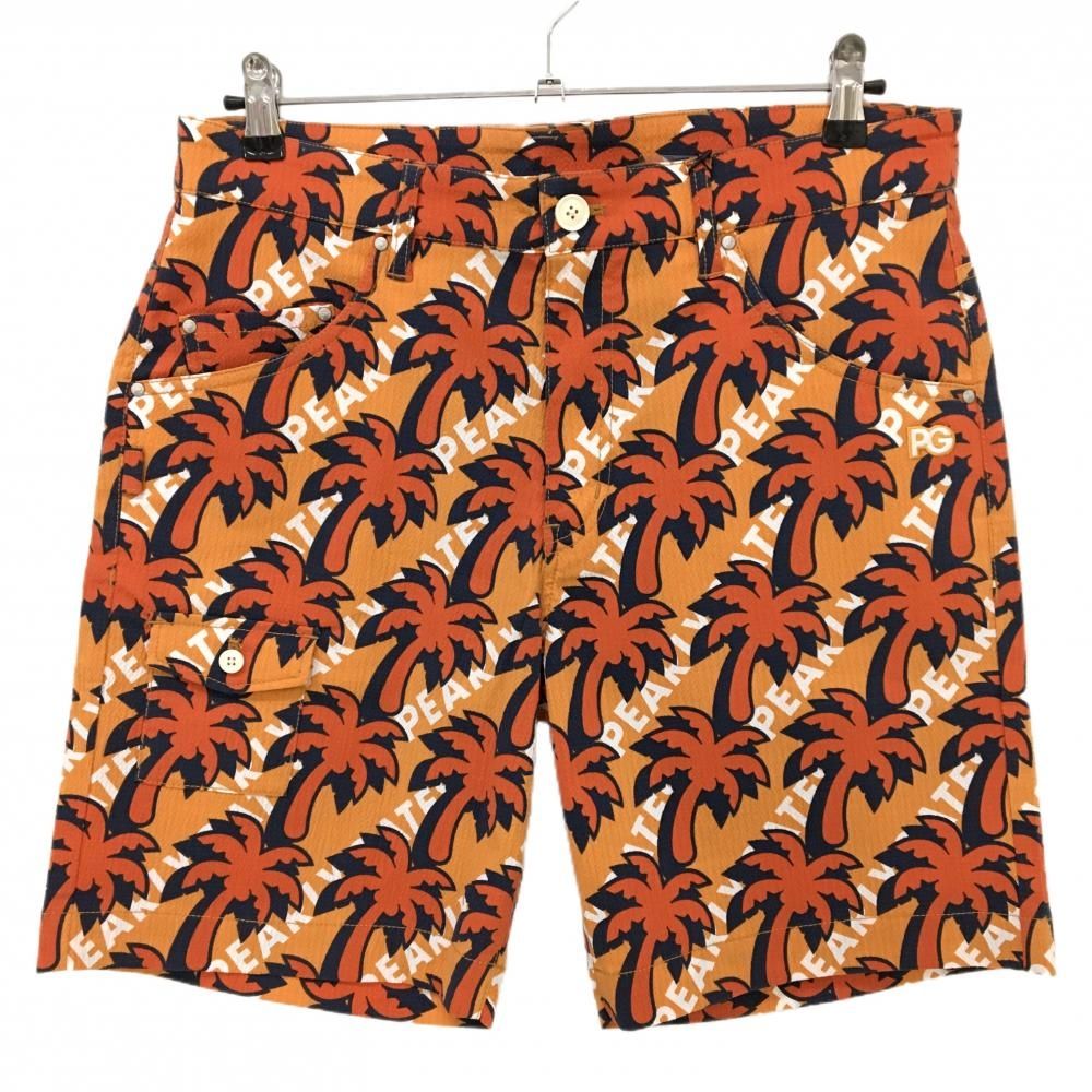 パーリーゲイツ ハーフパンツ オレンジ×ネイビー ヤシの木柄 サッカー生地 プラスクール メンズ 5 L ゴルフウェア PEARLY GATES