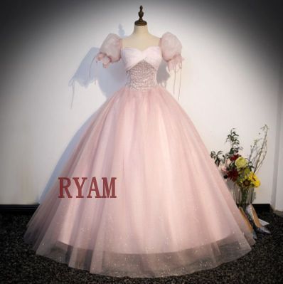 プリンセスドレス ラメ ピンク ロング丈 パフスリーブ フ 大きいサイズ かわいい フェミニン 上品 エレガント パーティー 披露宴 舞台 二次会 発表会 記念写真
