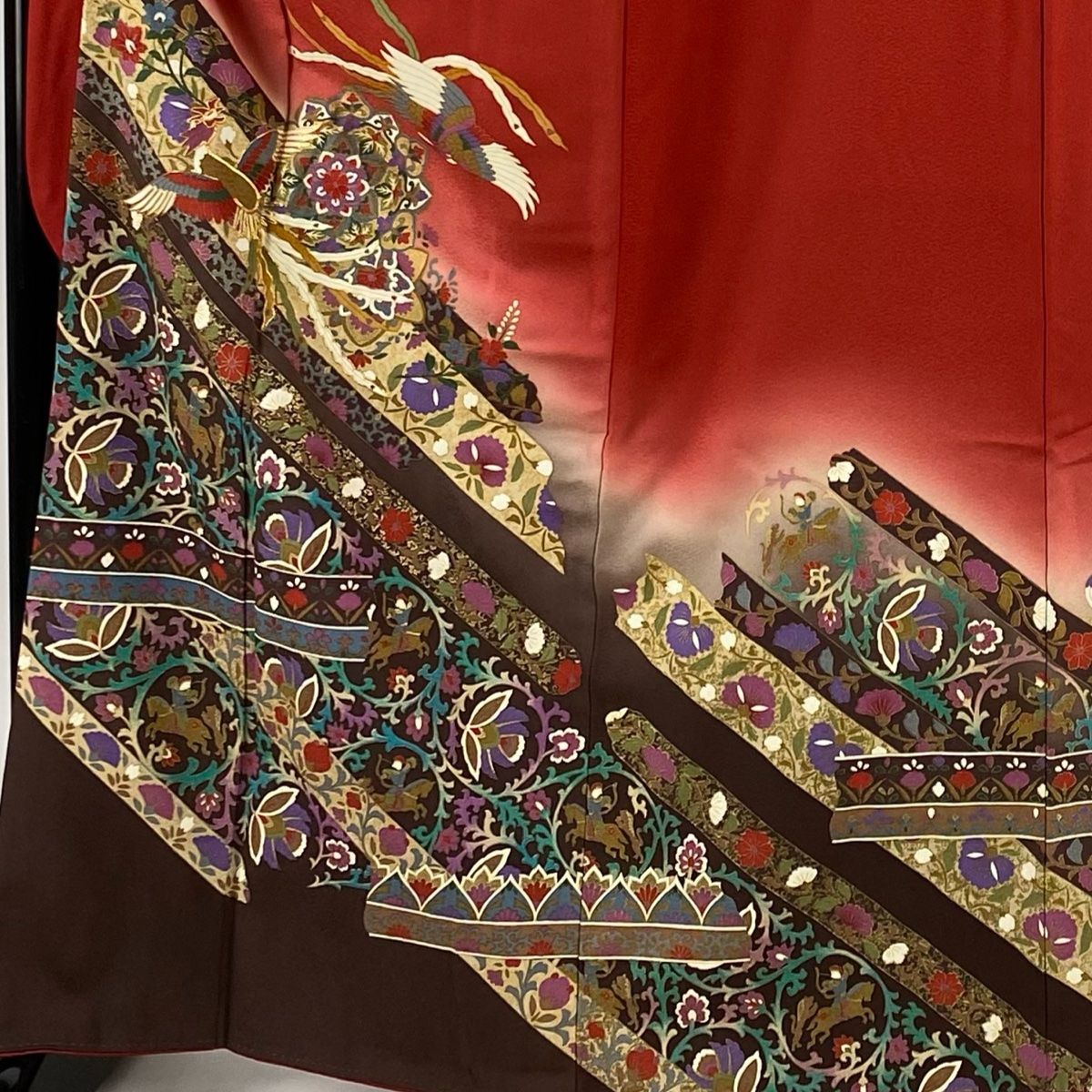 振袖 身丈165cm 裄丈68cm L 袷 尾長鶏 華文 金糸 金彩 赤 正絹