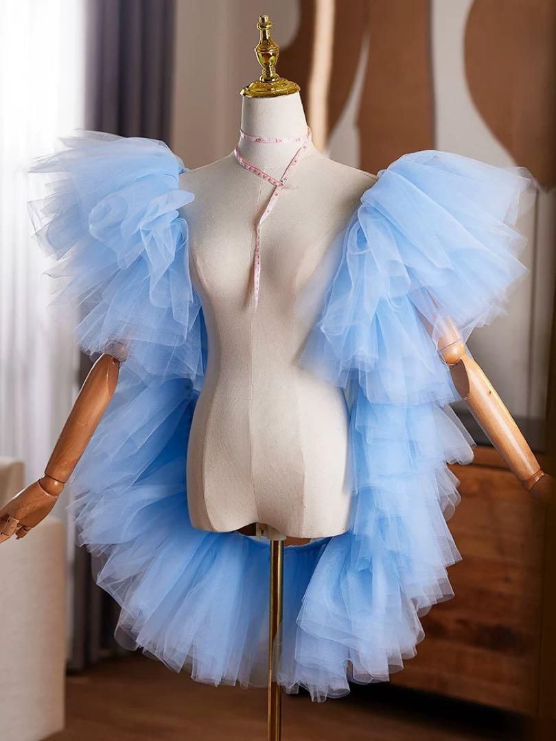 欲しいが見つかる！ フリルがゴージャスなソルトチュールのショール ブルー 価格比較でお得にお買物。