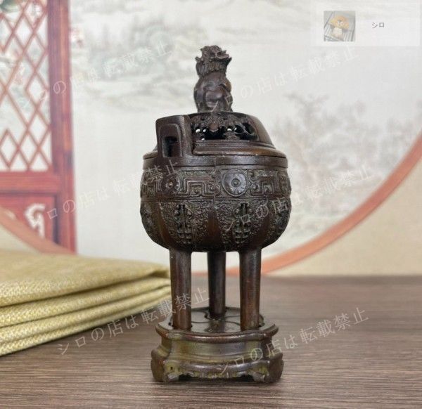 新品】銅器 香炉 双耳三足鼎 瑞獣獅子香炉 薫香炉 茶道 置物