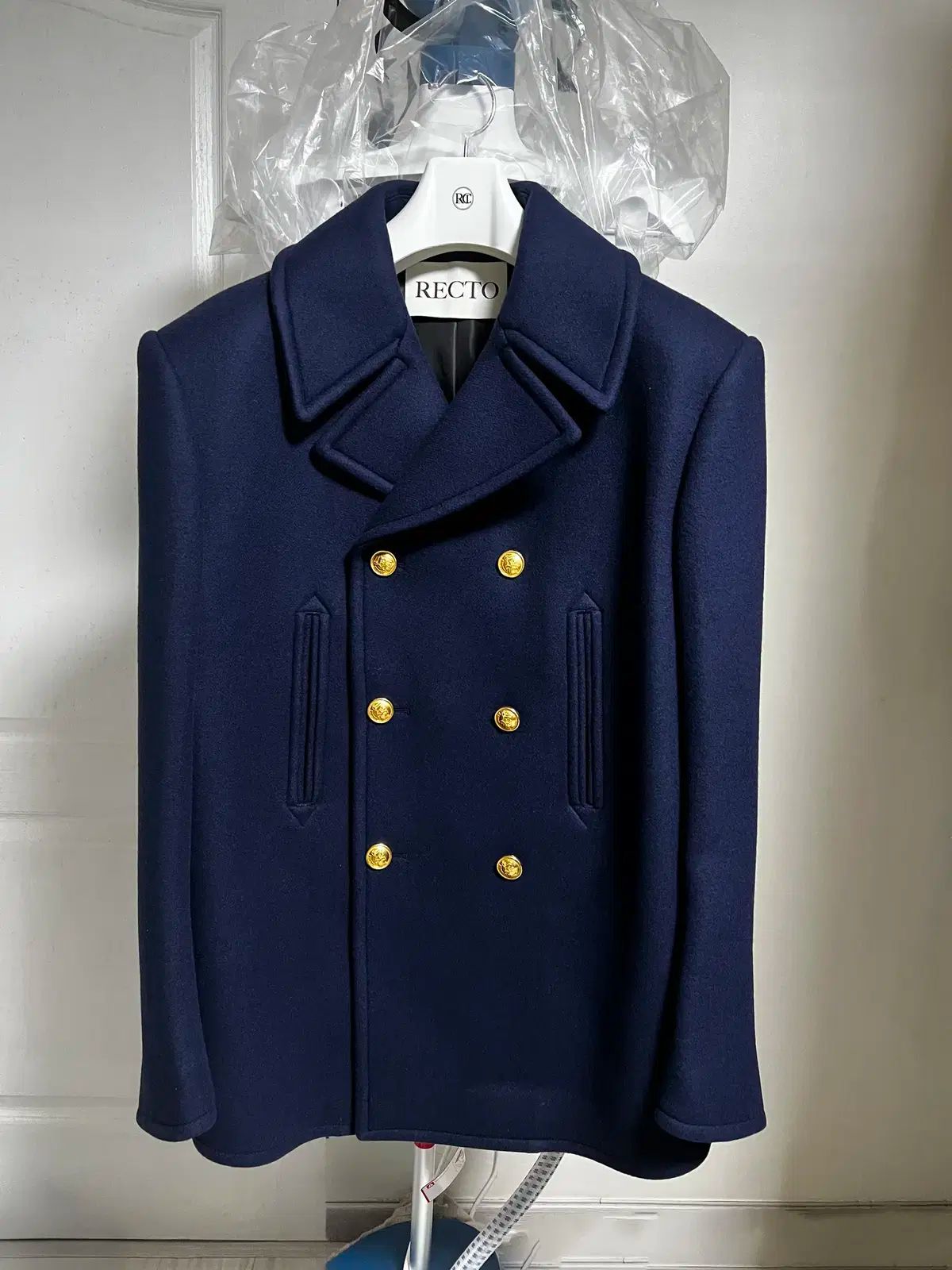 レクト メンズ ダブル ブレステッド フェルト ウール ピーコート ネイビー