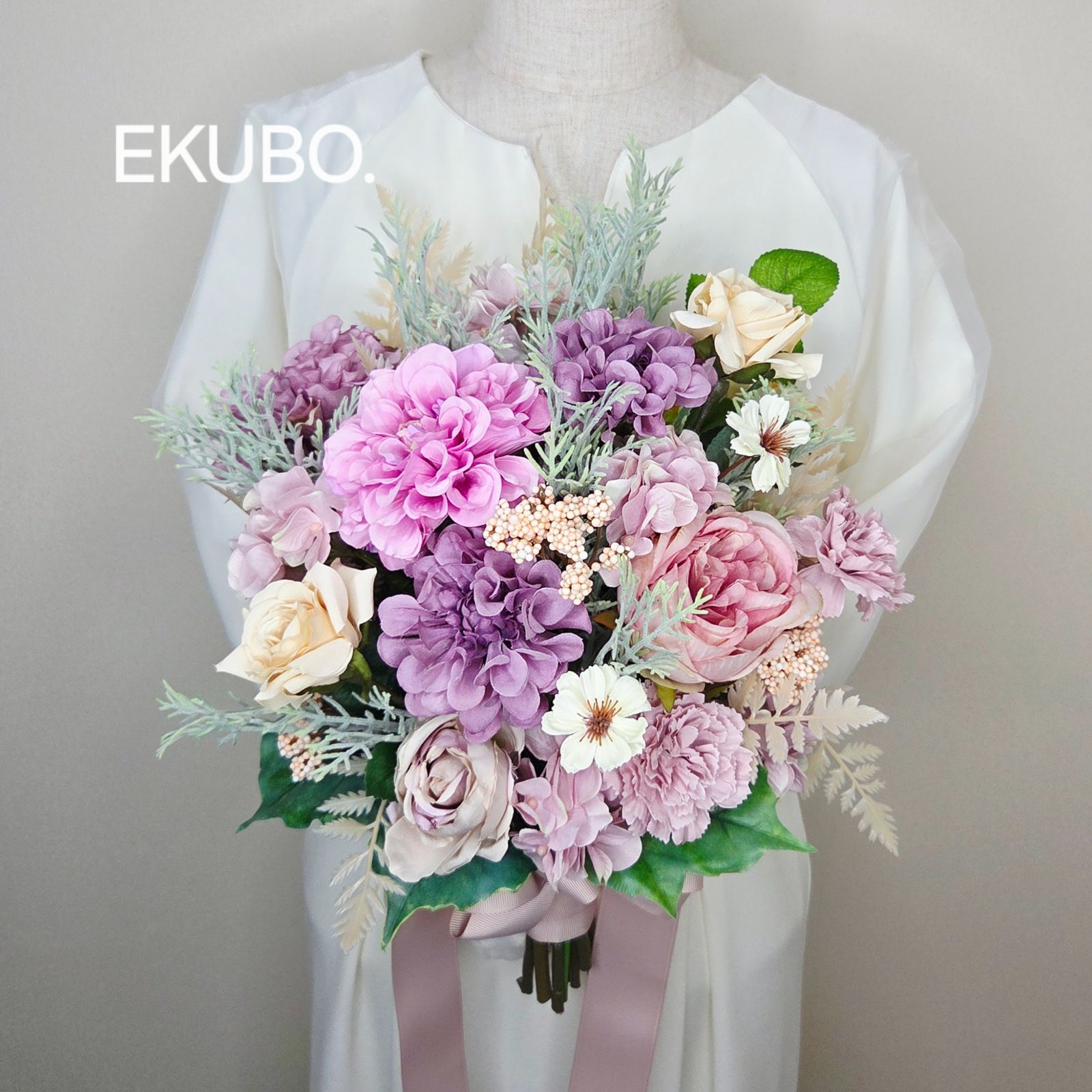 ウェディングブーケ アーティフィシャルフラワー ブートニア付き くすみカラー ウェディングブーケ-ブートニア g731