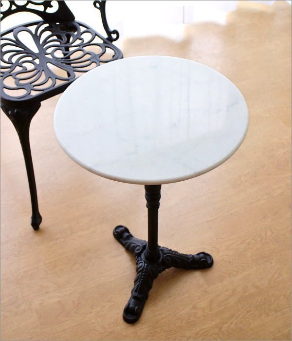 カフェテーブル 大理石 丸 1本脚 高さ60cm コンパクト コーヒーテーブル 丸テーブル 白 ホワイト アイアン クラシックな大理石テーブル WH