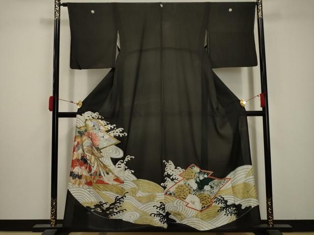 平和屋着物＊夏物 アンティーク 大正ロマン 黒留袖 絽 刺繍 立波鳳凰花文 金糸 金銀彩 正絹 AABA5771sx