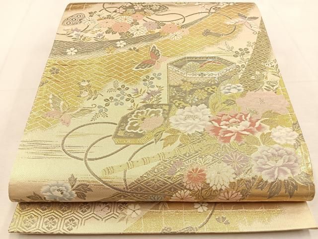 平和屋着物◎六通柄袋帯 貝桶花蝶文 金銀糸 正絹 逸品