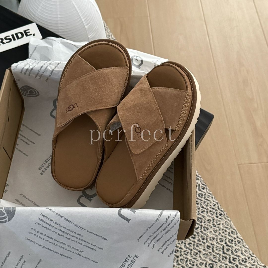 新品 UGG アグ サンダル クロススライド GOLDENSTAR CROSS SLIDE レザー ラバーソール レディース ブラウン