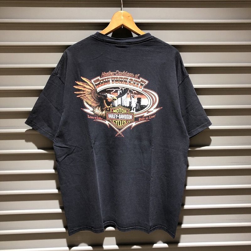 ハーレーダビッドソン HARLEY-DAVIDSON Tシャツ 半袖 イーグル ニューヨーク ロゴ 両面プリント サイズ：メンズ XL ビッグサイズ ブラック【PI】