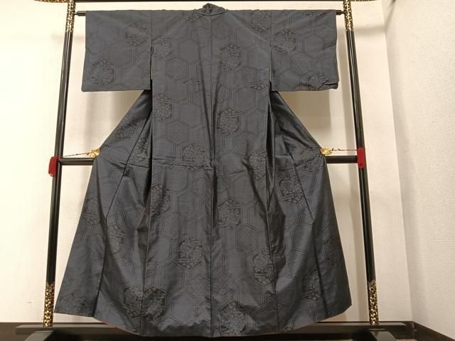 平和屋着物▽上質な紬　単衣　風景花文　黒地　正絹　逸品　BAAS8025yc 平和屋着物▽上質な紬 単衣 風景花文 黒地 正絹 逸品 BAAS8025yc