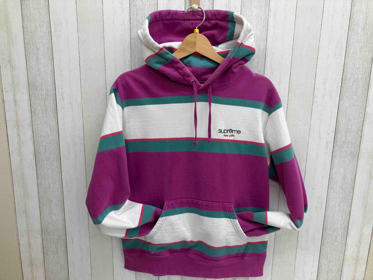 うさ@出品 Supreme Stripe Hooded Sweatshirt Purple/White 19FW Sサイズ