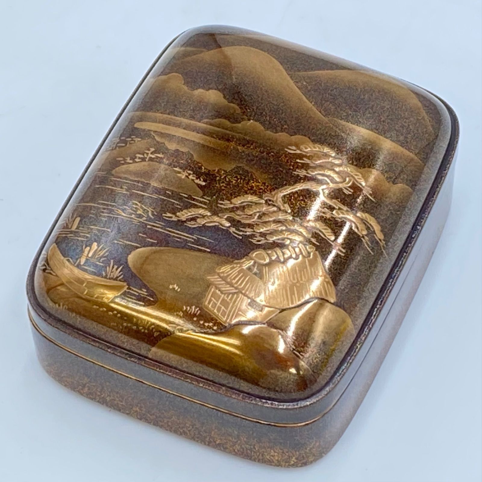 奥野雄山 輪島塗 文庫型香合 山水蒔絵 金地 茶道具 共箱