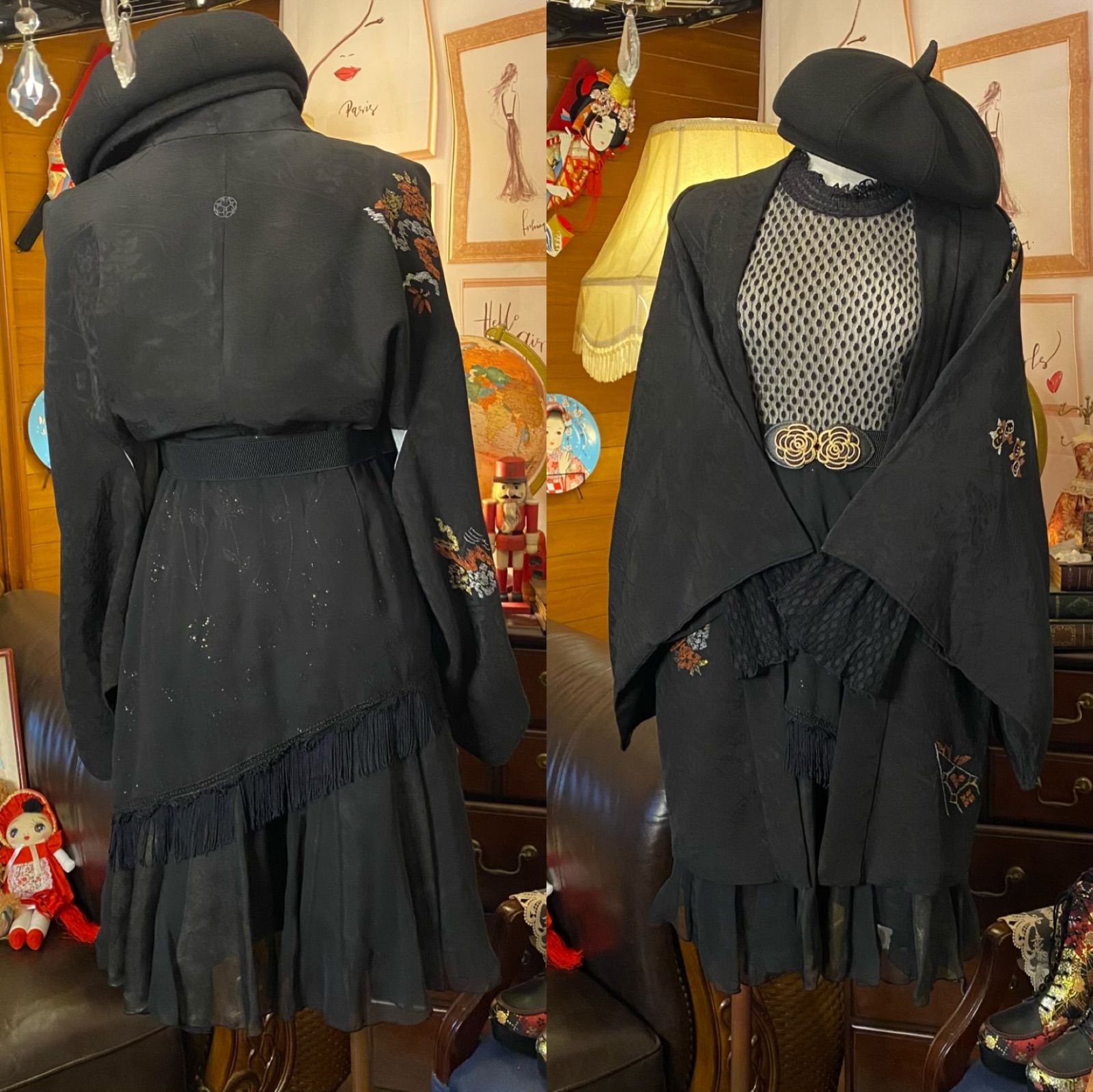 羽織　黒　レトロ　アンティーク　和洋折衷コーデ　コスプレ　リメイク 和洋折衷 黒羽織コーデセット コーディネート まとめ売り レトロ