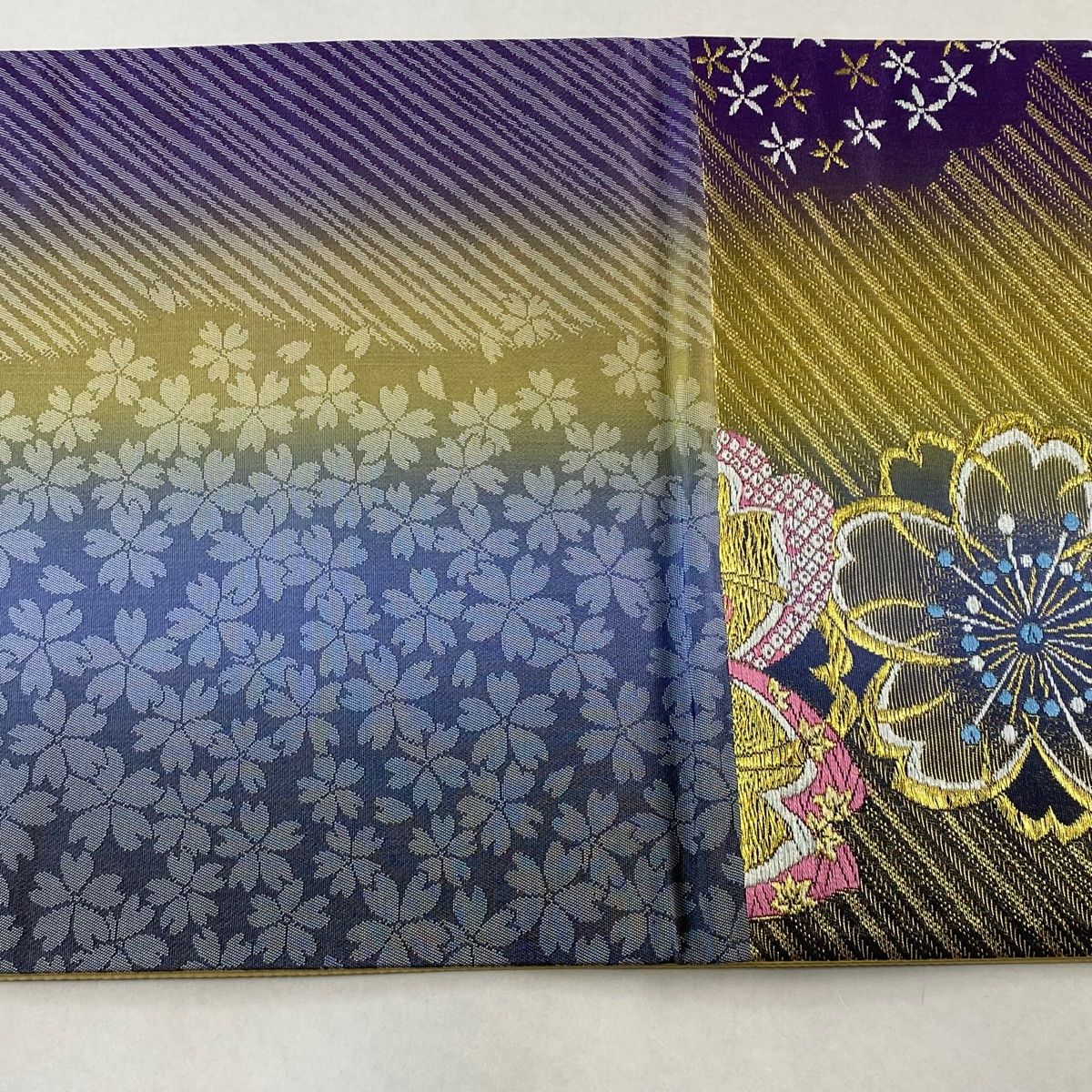 袋帯 美品 秀品 霞 幾何学 金銀糸 紫 全通 正絹 中古 袋帯 秀品 斜縞 金糸 紫 全通 正絹 中古 袋帯 美品 秀品