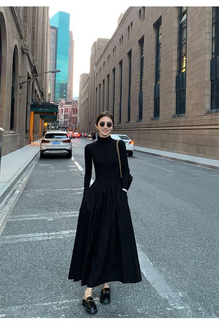 春のハイネックニットロングワンピースデートにも最適