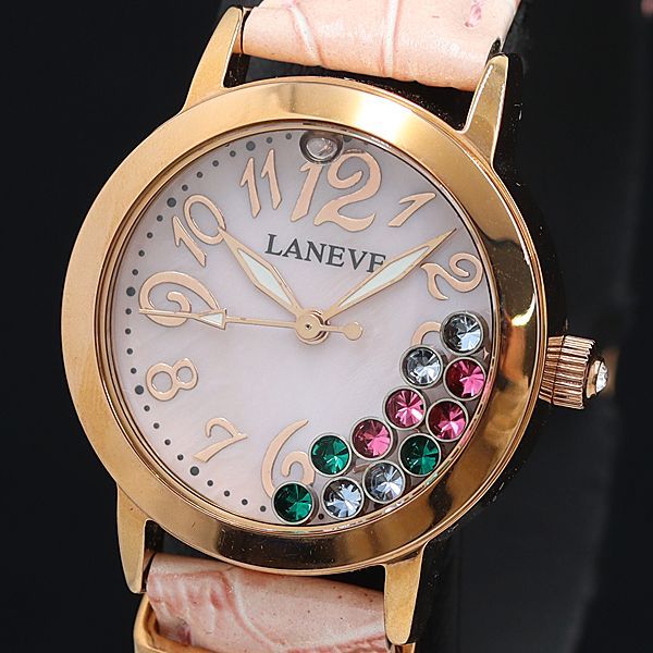 箱付き ランイブ L-3010 QZ ピンク文字盤 カラーストーン 純性尾錠