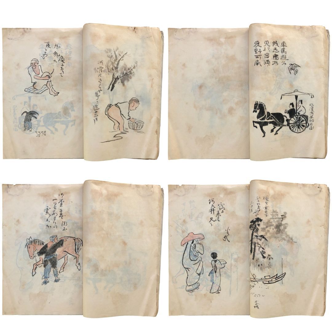 真贋不明】「不折画写」彩色肉筆38図 まくり ☆中村不折 俳画 明治