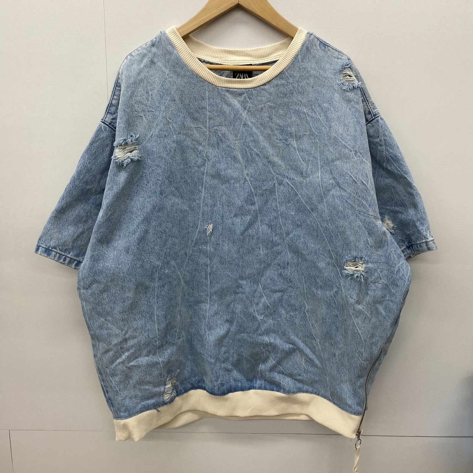 ザラ ZARA ダメージ加工 デニム地 ジッパー スウェットシャツ