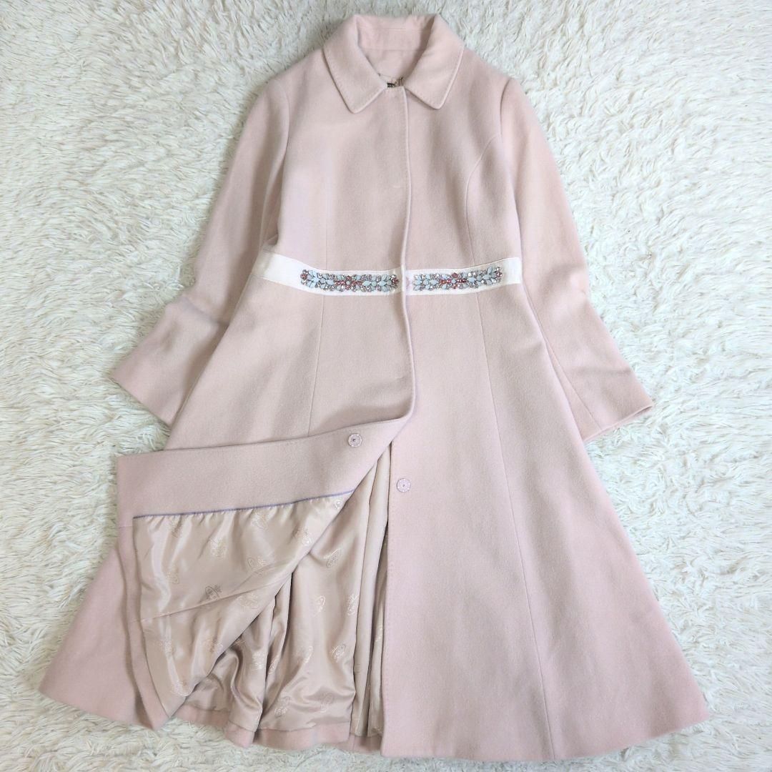 ️TOCCA トッカ 受注生産品 ADINA カシミヤ混ロングコート ピンク ビジュー付き 近年 ロングコート ステンカラーコート Aライン 襟付き 羊毛 ナイロン カシミヤ ポケット付き サイズ2 ピンク