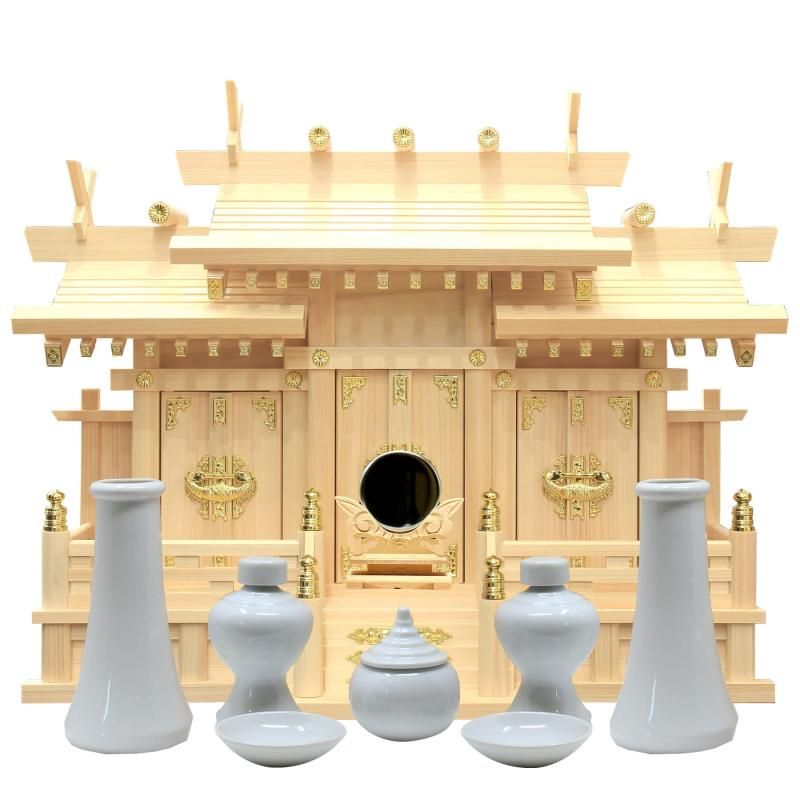 松山神仏具店 神棚 屋根違い三社 小 神具 神鏡セット 雲シール付 国産 檜 桧 ひのき 幅54cm 高44cm 奥23cm