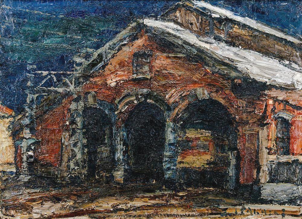 真作】【WISH】板橋順二「車庫」油彩 40号 大作 ◇重厚絵肌・雪