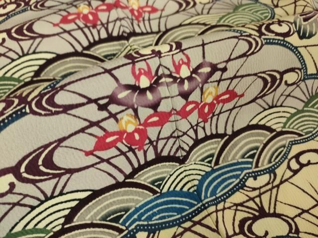 平和屋本店□希少 城間栄喜 琉球紅型 小紋 水辺に鶴と雲に花舟文様紅型