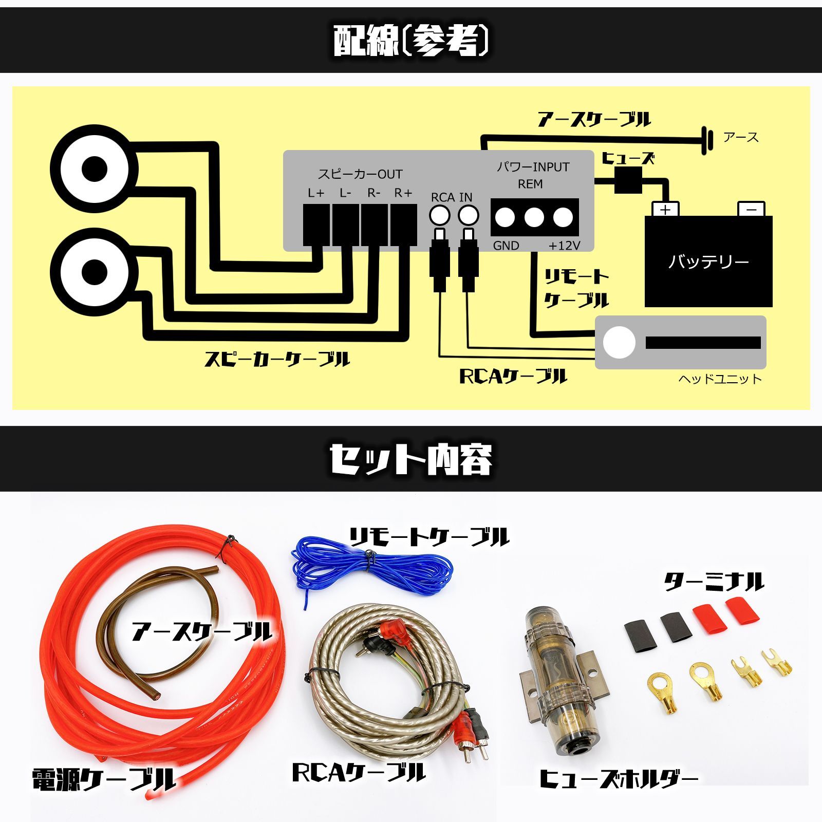 ワイヤリング キット 8ゲージ パワーアンプ 用 カーオーディオ