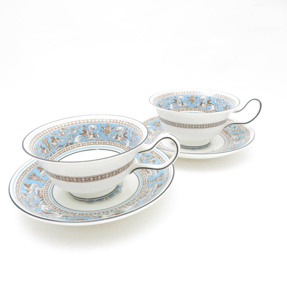 WEDGWOOD ウェッジウッド フロレンティーンターコイズ ティーカップ＆ソーサー 2客 ペア ピオニー 黒壺 SC8902K1